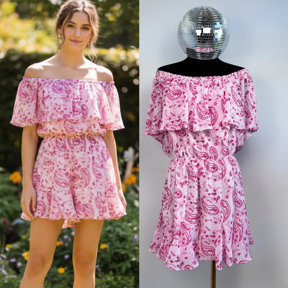 Sugar Lips Paisley Off Shoulder Ruffle Mini Dress, Women's Size Large, NWT! Pink
